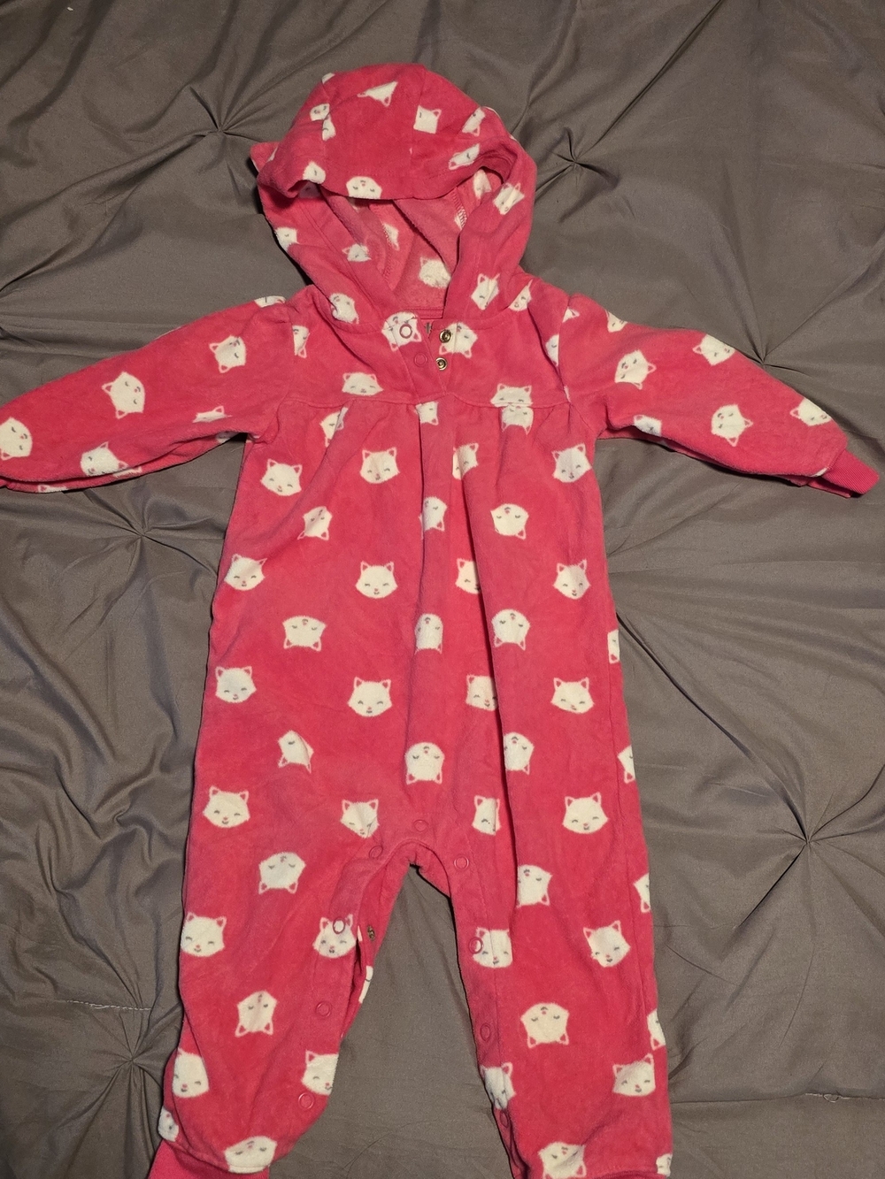 child of mine Hooded One-Piece in Bright Pink with White Cat Faces